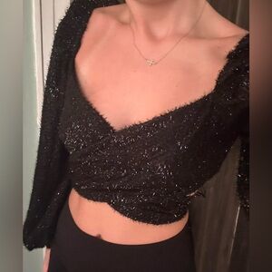 Black Sparkly Cross Back Crop top